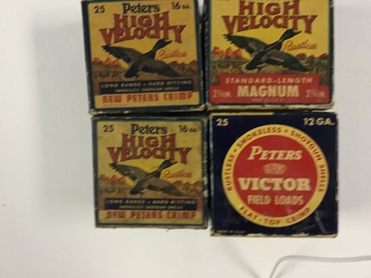 Vintage Peters Shotgun Shell Box Lot – 4 Empty Boxes – High Velocity, Magnum & Victor Field Loads