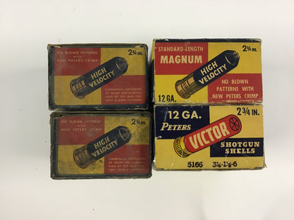 Vintage Peters Shotgun Shell Box Lot – 4 Empty Boxes – High Velocity, Magnum & Victor Field Loads