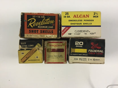Vintage Mixed Shotgun Shell Box Lot – Revelation, Alcan, Winchester, Federal & Eley – 5 Empty Boxes