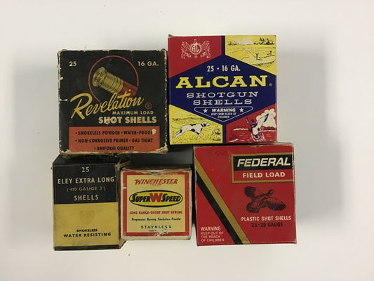 Vintage Mixed Shotgun Shell Box Lot – Revelation, Alcan, Winchester, Federal & Eley – 5 Empty Boxes