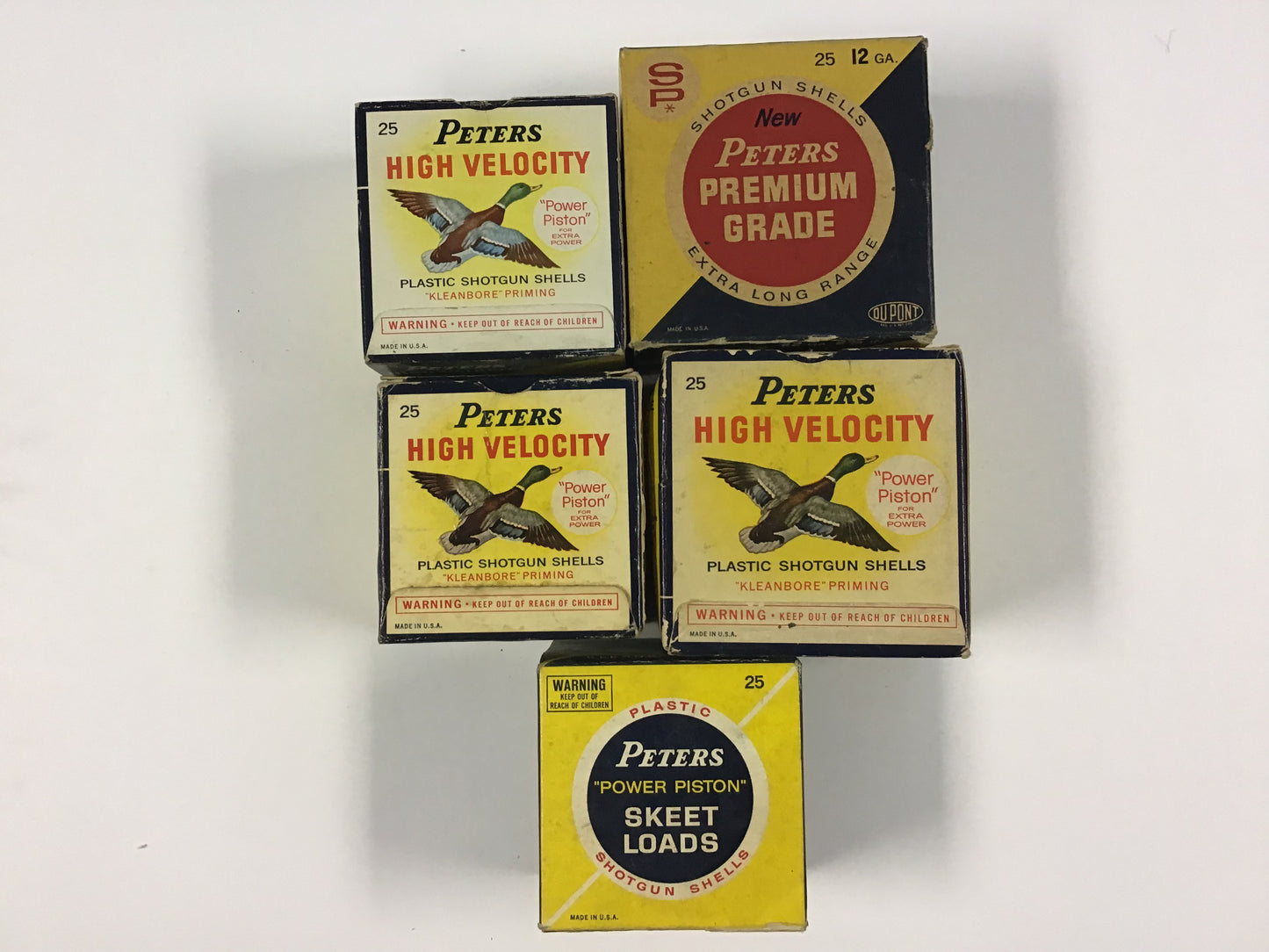 Vintage Peters Shotgun Shell Box Lot – 5 Empty Boxes – High Velocity, Premium Grade & Skeet Loads