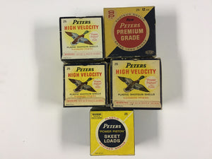 Vintage Peters Shotgun Shell Box Lot – 5 Empty Boxes – High Velocity, Premium Grade & Skeet Loads