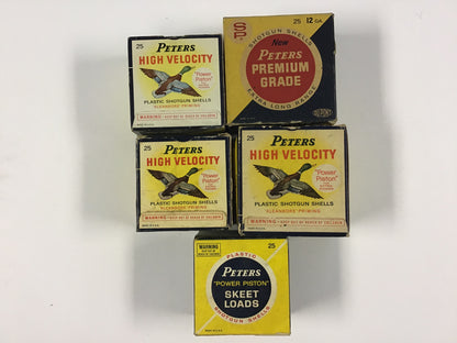 Vintage Peters Shotgun Shell Box Lot – 5 Empty Boxes – High Velocity, Premium Grade & Skeet Loads