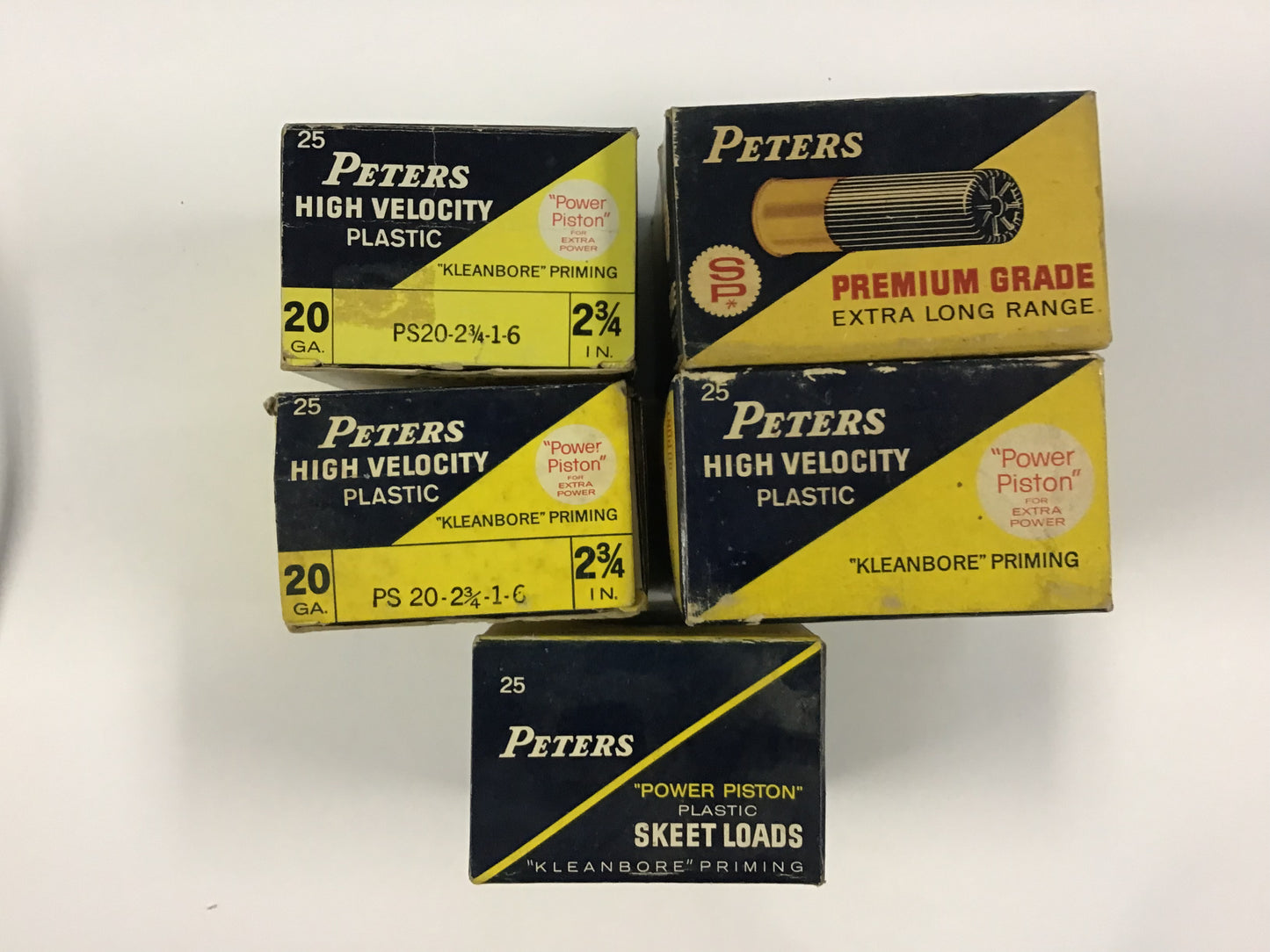 Vintage Peters Shotgun Shell Box Lot – 5 Empty Boxes – High Velocity, Premium Grade & Skeet Loads
