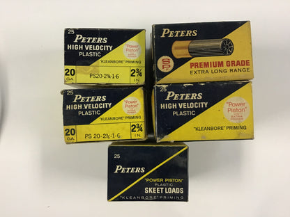 Vintage Peters Shotgun Shell Box Lot – 5 Empty Boxes – High Velocity, Premium Grade & Skeet Loads